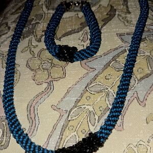 Teal and Black Beaded Necklace and Bracelet Set